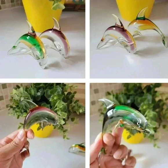 Other - SET OF 2 ART GLASS ORANGE GREEN/VIOLET ORANGE DELPHINS FIGURINE FOR DECORATION